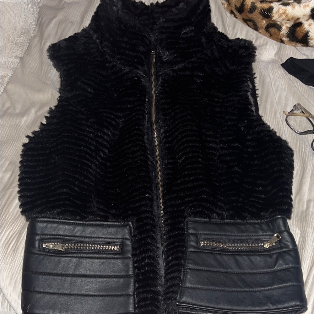 Cavalini Black Faux-Fur Zip Vest with Leather-Look Pockets